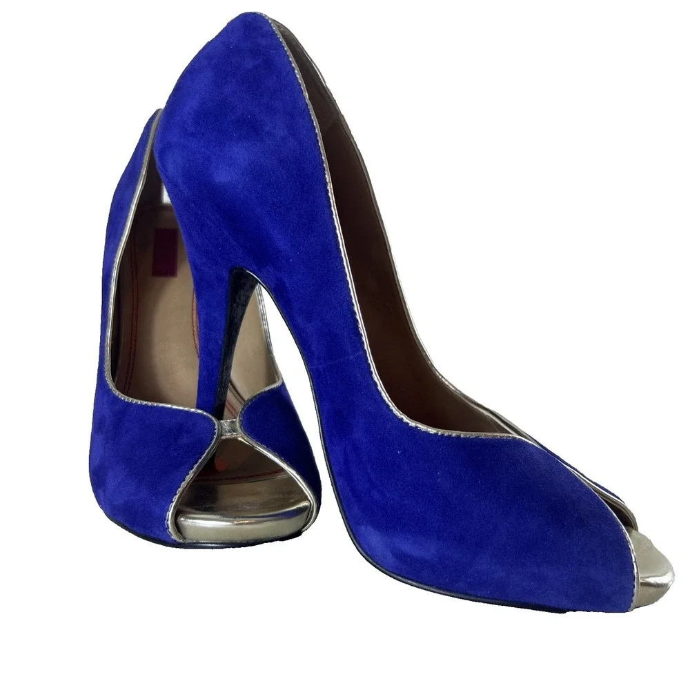 Saks Fifth Avenue 5/48 Royal Blue Silver Suede Stiletto Heels Women Size EU 40
